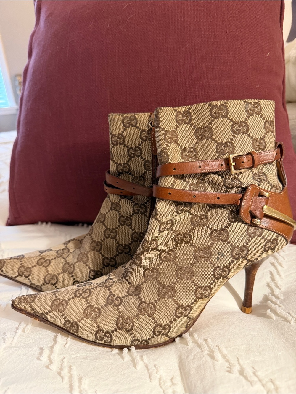 Gucci Beige and Brown GG Canvas Ankle Boots with Leather Straps